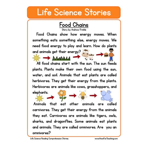 Life Science Stories Comprehension Food Chains Worksheet