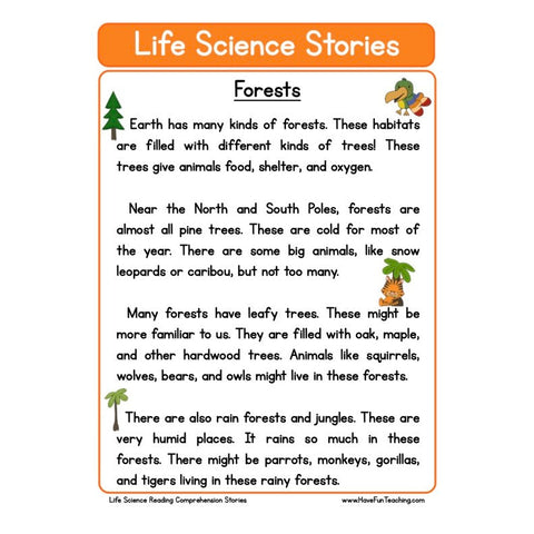 Life Science Stories Comprehension Forests Worksheet