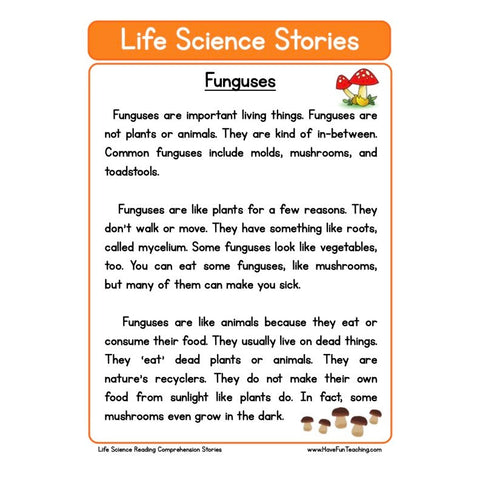 Life Science Stories Comprehension Funguses Worksheet