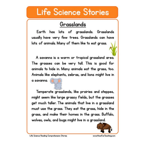 Life Science Stories Comprehension Grasslands Worksheet