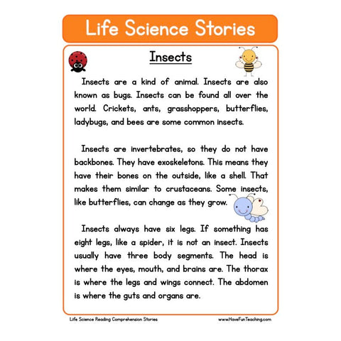 Life Science Stories Comprehension Insects Worksheet