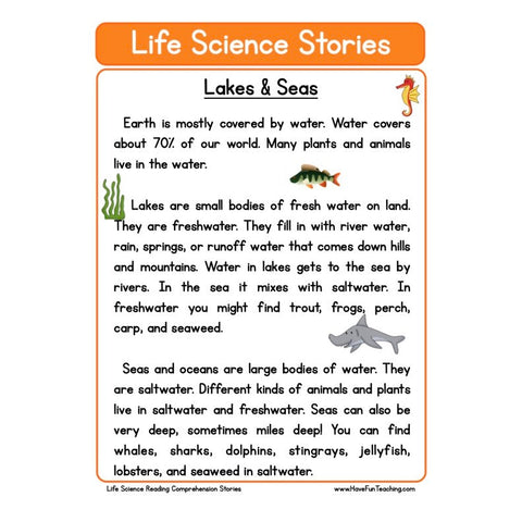 Life Science Stories Comprehension Lakes Seas Worksheet