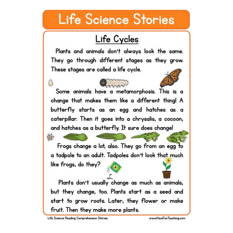 Life Science Stories Comprehension Life Cycles Worksheet