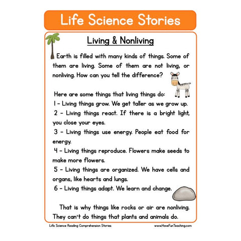 Life Science Stories Comprehension Living and Nonliving Worksheet