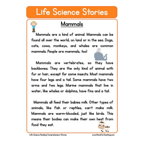 Life Science Stories Comprehension Mammals Worksheet