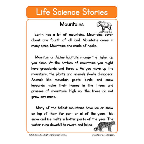Life Science Stories Comprehension Mountains Worksheet