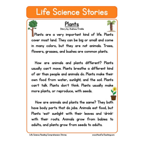 Life Science Stories Comprehension Plants Worksheet