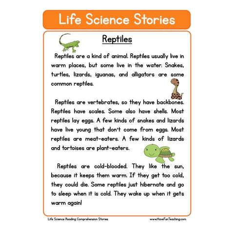 Life Science Stories Comprehension Reptiles Worksheet
