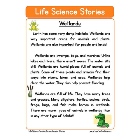 Life Science Stories Comprehension Wetlands Worksheet