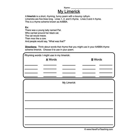 Limerick Worksheet 2