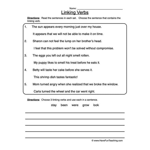 Linking Verbs Worksheet 2