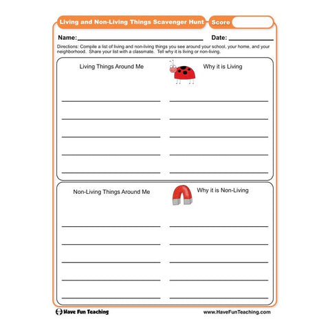Living and Non Living Things Scavenger Hunt Worksheet