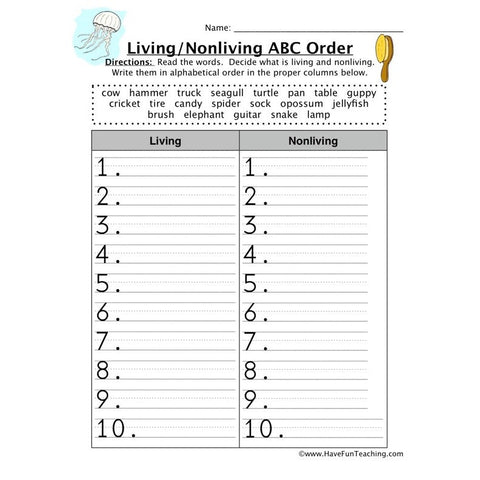 Living and Nonliving Things ABC Order Worksheet