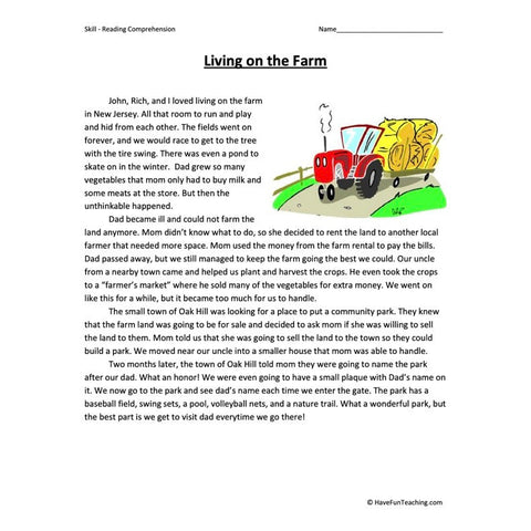 Living on the Farm Reading Comprehension Worksheet