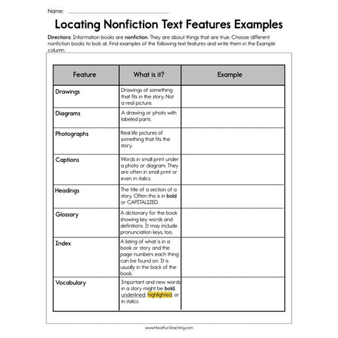 Locating Nonfiction Text Features Examples Worksheet