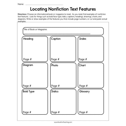 Locating Nonfiction Text Features Worksheet