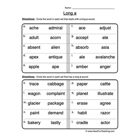 Long A Worksheet