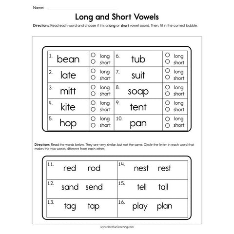 Long and Short Vowels Worksheet