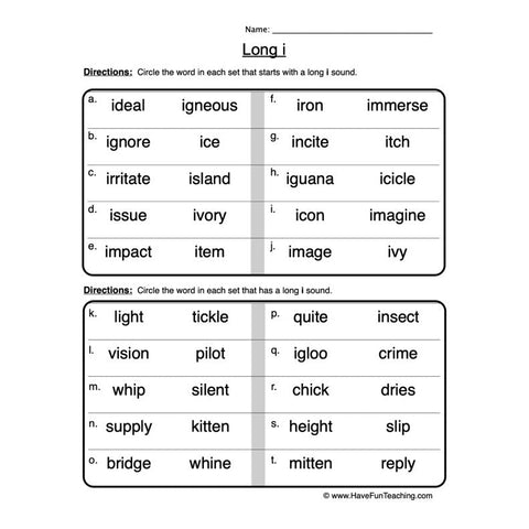 Long I Worksheet