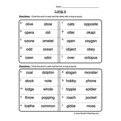 Long O Worksheet