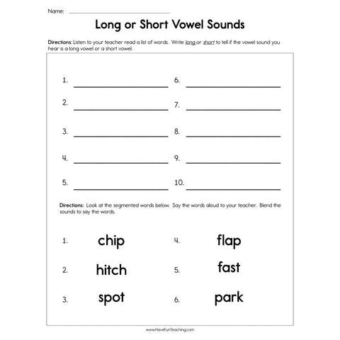 Long or Short Vowel Sounds Worksheet