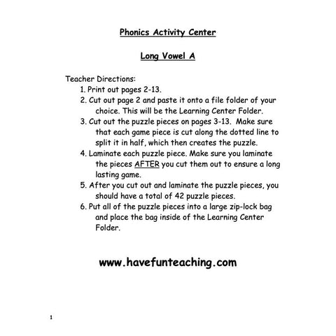 Long Vowel a Puzzle Worksheet 3