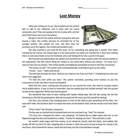 Lost Money Reading Comprehension Worksheet
