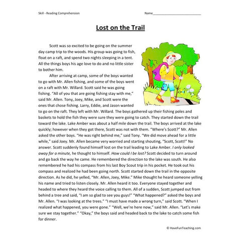 Lost on the Trail Reading Comprehension Worksheet