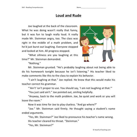 Loud and Rude Reading Comprehension Worksheet