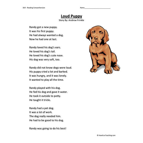 Loud Puppy Reading Comprehension Worksheet