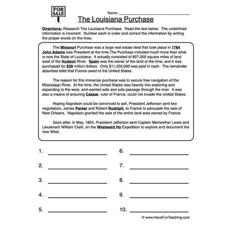Louisiana Purchase Worksheet