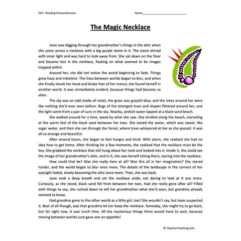 Magic Necklace Reading Comprehension Worksheet