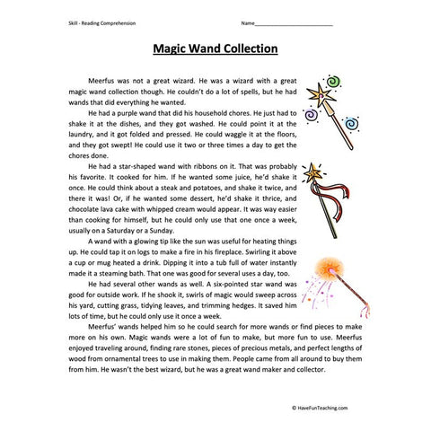 Magic Wand Collection Reading Comprehension Worksheet