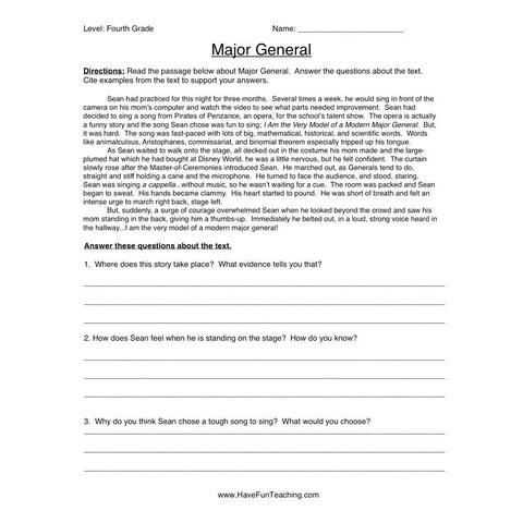 Major General Reading Comprehension Worksheet