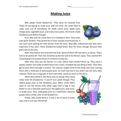 Making Juice Reading Comprehension Worksheet
