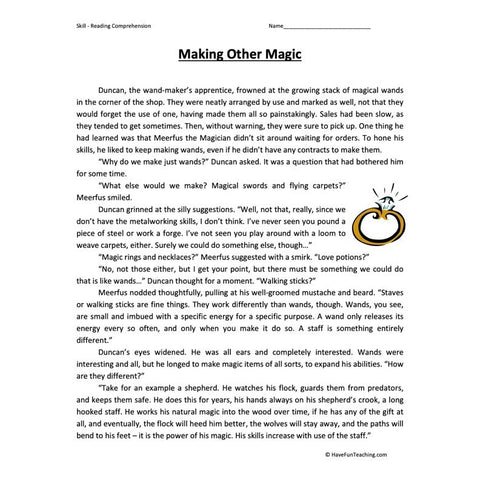 Making Other Magic Reading Comprehension Worksheet