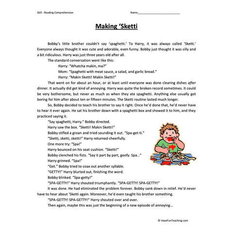 Making Sketti Reading Comprehension Worksheet