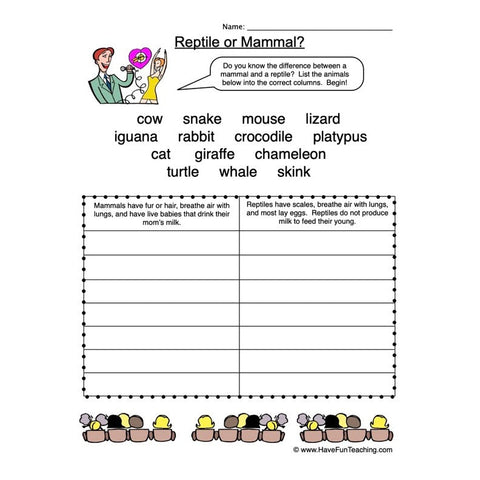 Mammal Vs Reptile Worksheet