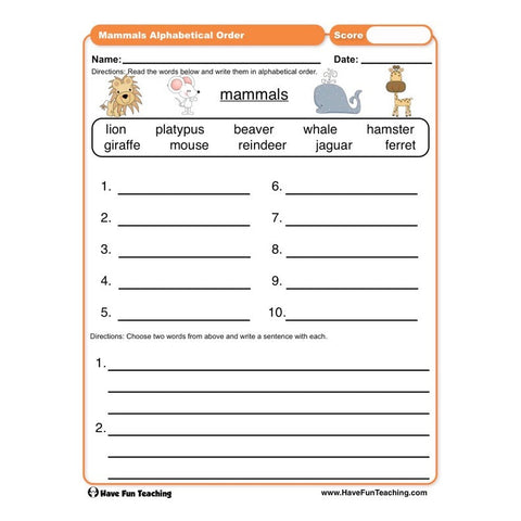 Mammals ABC Order Worksheet