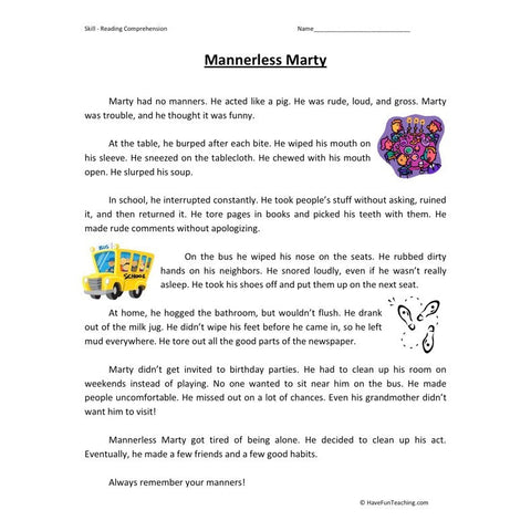 Mannerless Marty Reading Comprehension Worksheet