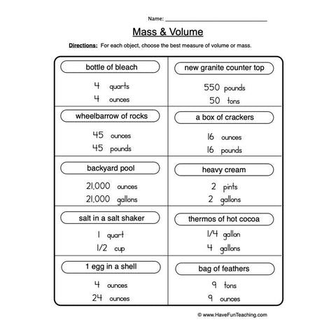 Mass Volume Worksheet