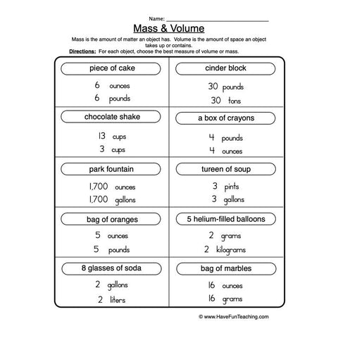 Mass Volume Worksheet 2