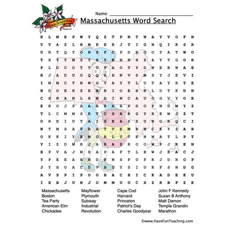 Massachusetts Wordsearch Worksheet