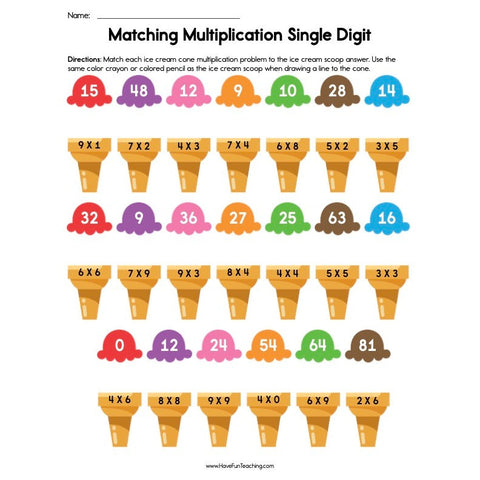 Matching Multiplication Single Digit Worksheet