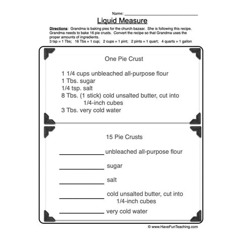 Measurement Cup Pint Quart Gallon Worksheet