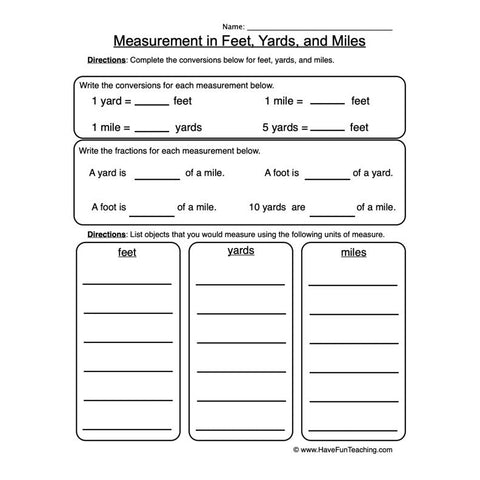 Measurement Foot Yard Mile Worksheet