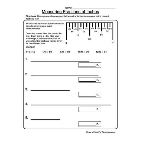 Measurement Fractions of Inches Worksheet