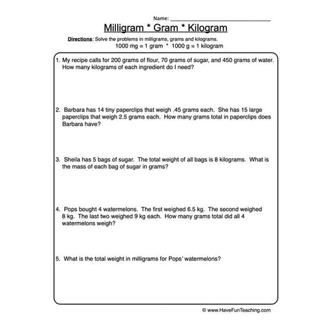 Measurement Gram Kilogram Worksheet