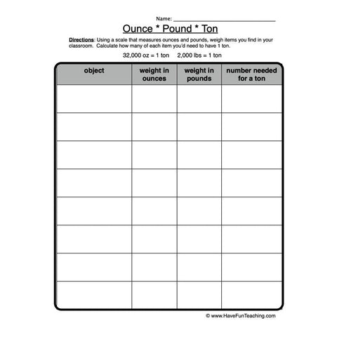 Measurement Ounce Pound Ton Worksheet