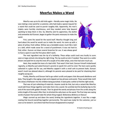 Meerfus Makes a Wand Reading Comprehension Worksheet